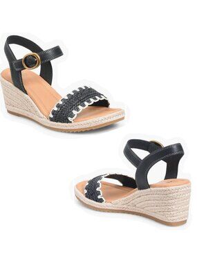 Sofft Inez Low Wedge Sandals Black Leather Summer Espadrilles Women Size 8.5